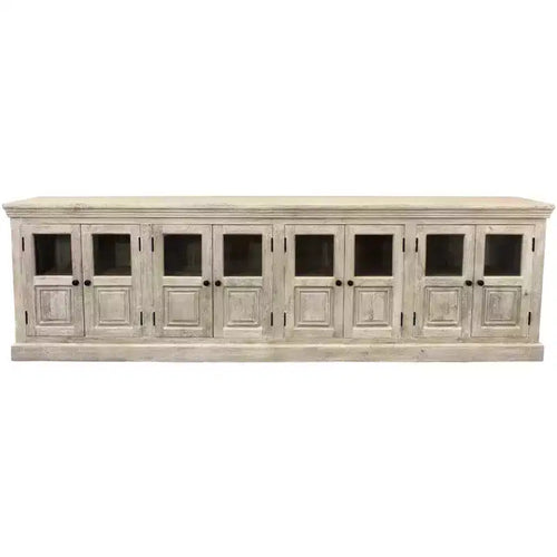 HomeRoots 118 Antiqued White Distressed Solid Wood Sideboard with 8 Glass Doors