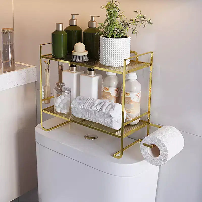 Bathroom Shelf No Drilling, 2 Levels Over The Toilet Shower Caddy, Metal Toilet Shelf with Stickers and 2 Hooks, Space-Saving, Black