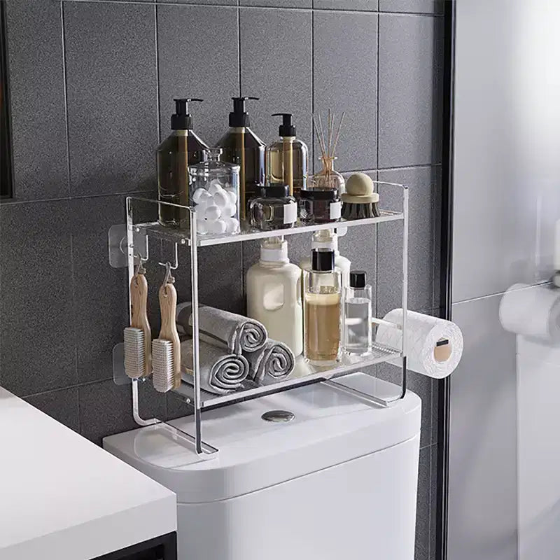 Bathroom Shelf No Drilling, 2 Levels Over The Toilet Shower Caddy, Metal Toilet Shelf with Stickers and 2 Hooks, Space-Saving, Black
