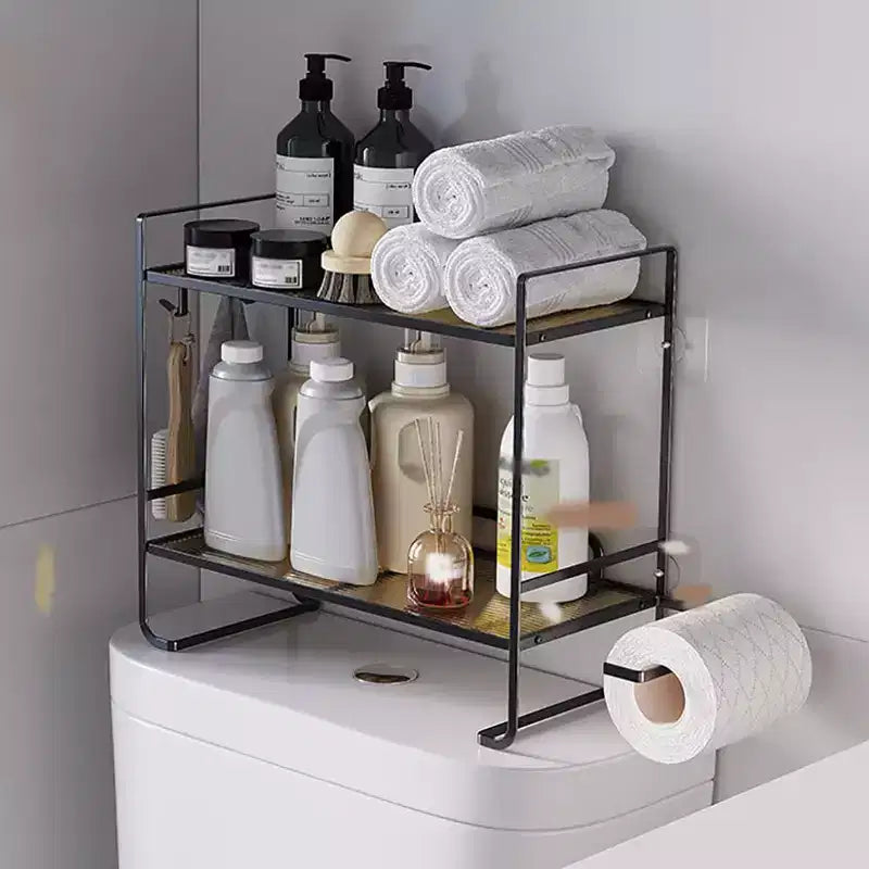 Bathroom Shelf No Drilling, 2 Levels Over The Toilet Shower Caddy, Metal Toilet Shelf with Stickers and 2 Hooks, Space-Saving, Black