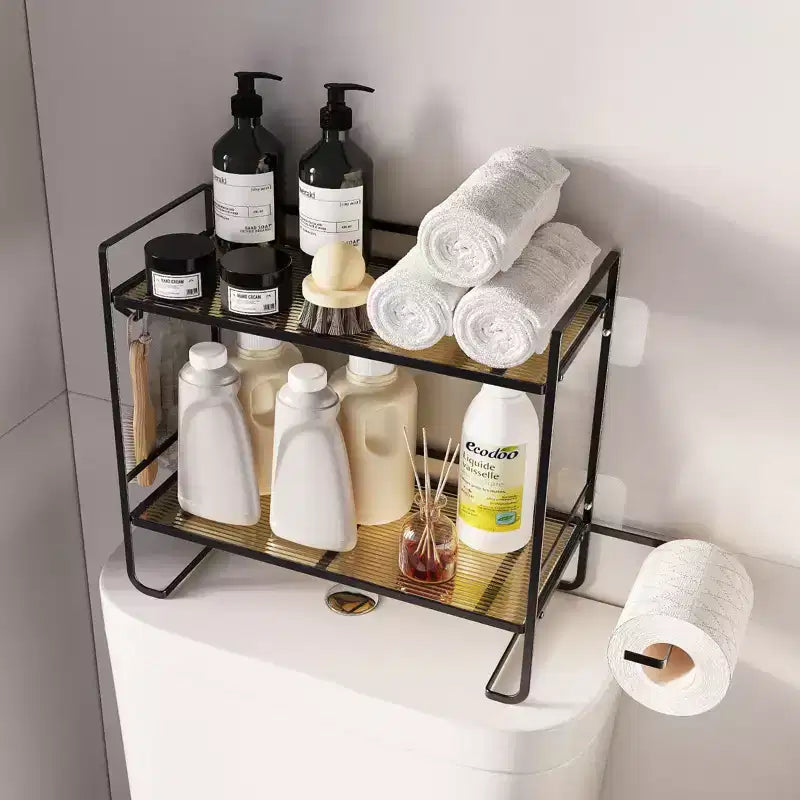 Bathroom Shelf No Drilling, 2 Levels Over The Toilet Shower Caddy, Metal Toilet Shelf with Stickers and 2 Hooks, Space-Saving, Black