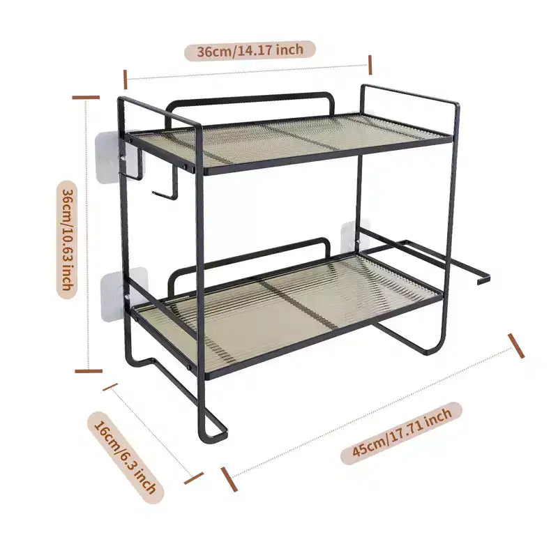 Bathroom Shelf No Drilling, 2 Levels Over The Toilet Shower Caddy, Metal Toilet Shelf with Stickers and 2 Hooks, Space-Saving, Black