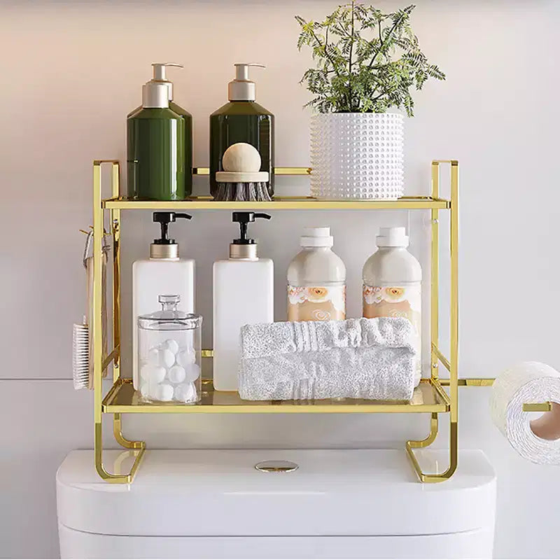 Bathroom Shelf No Drilling, 2 Levels Over The Toilet Shower Caddy, Metal Toilet Shelf with Stickers and 2 Hooks, Space-Saving, Black