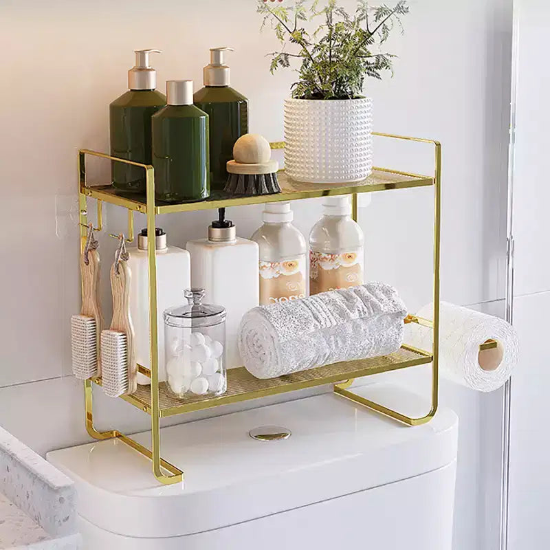 Bathroom Shelf No Drilling, 2 Levels Over The Toilet Shower Caddy, Metal Toilet Shelf with Stickers and 2 Hooks, Space-Saving, Black