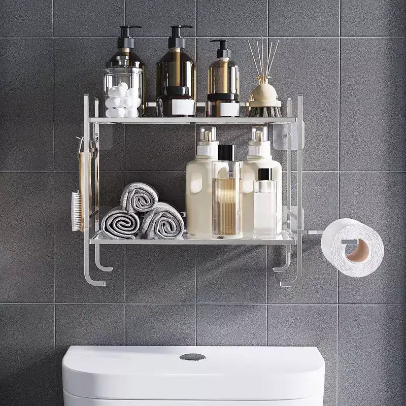 Bathroom Shelf No Drilling, 2 Levels Over The Toilet Shower Caddy, Metal Toilet Shelf with Stickers and 2 Hooks, Space-Saving, Black