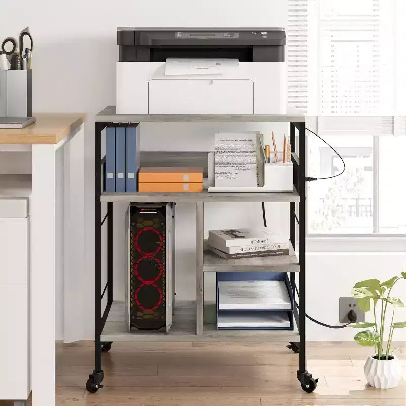 Large Printer Stand w/ Power Outlets & USB, 4-Tier Rolling Printer Cart, Mobile Table w/ Wheels for Home Office, CPU, 23.7 Wide