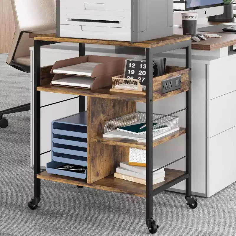 Large Printer Stand w/ Power Outlets & USB, 4-Tier Rolling Printer Cart, Mobile Table w/ Wheels for Home Office, CPU, 23.7 Wide
