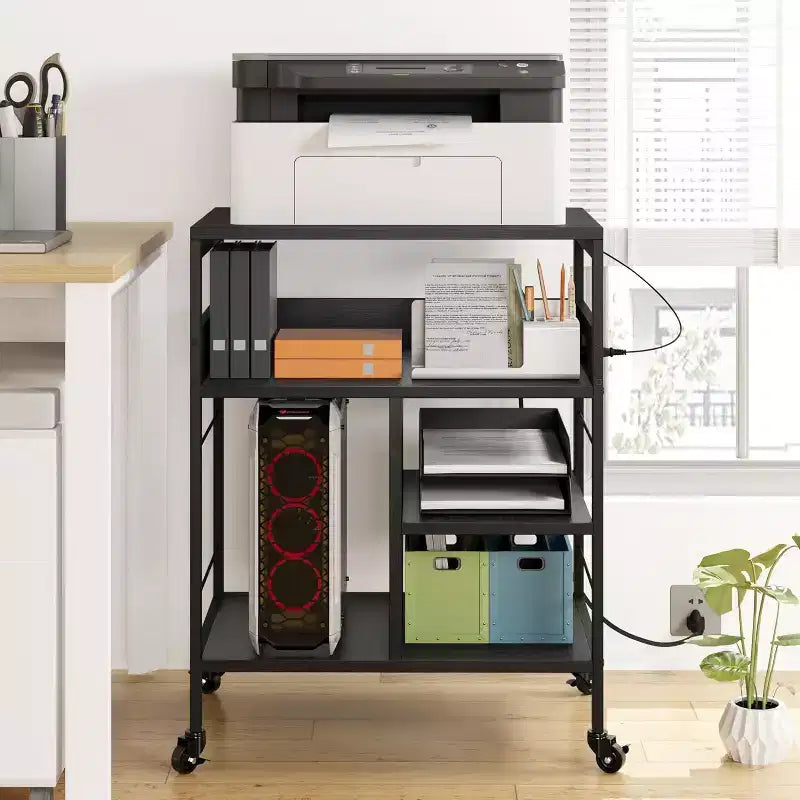 Large Printer Stand w/ Power Outlets & USB, 4-Tier Rolling Printer Cart, Mobile Table w/ Wheels for Home Office, CPU, 23.7 Wide