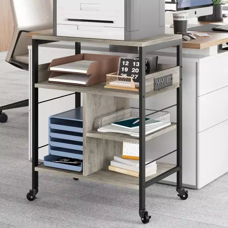 Large Printer Stand w/ Power Outlets & USB, 4-Tier Rolling Printer Cart, Mobile Table w/ Wheels for Home Office, CPU, 23.7 Wide