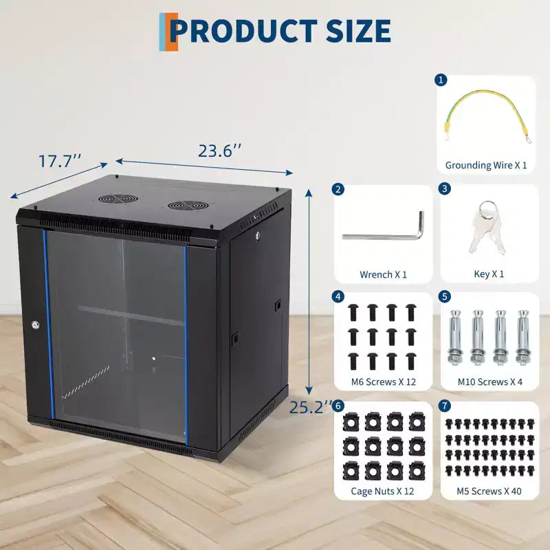 Wall Mount Network Cabinet with Glass Door - Steel Server Rack with Cooling Fan Holes & Lock for Router and WiFi Equipment