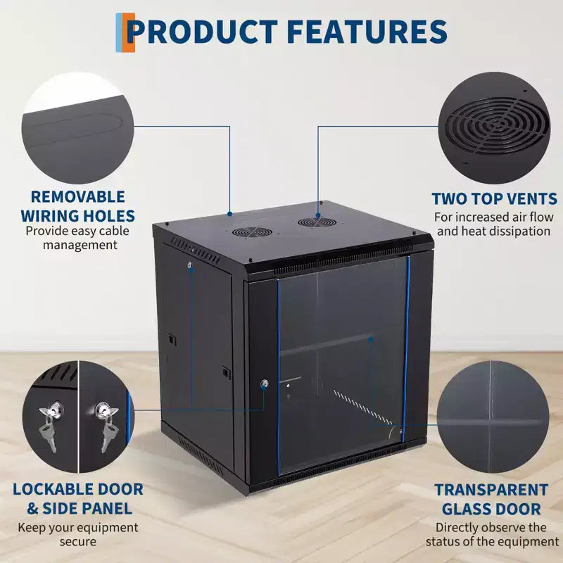 Wall Mount Network Cabinet with Glass Door - Steel Server Rack with Cooling Fan Holes & Lock for Router and WiFi Equipment