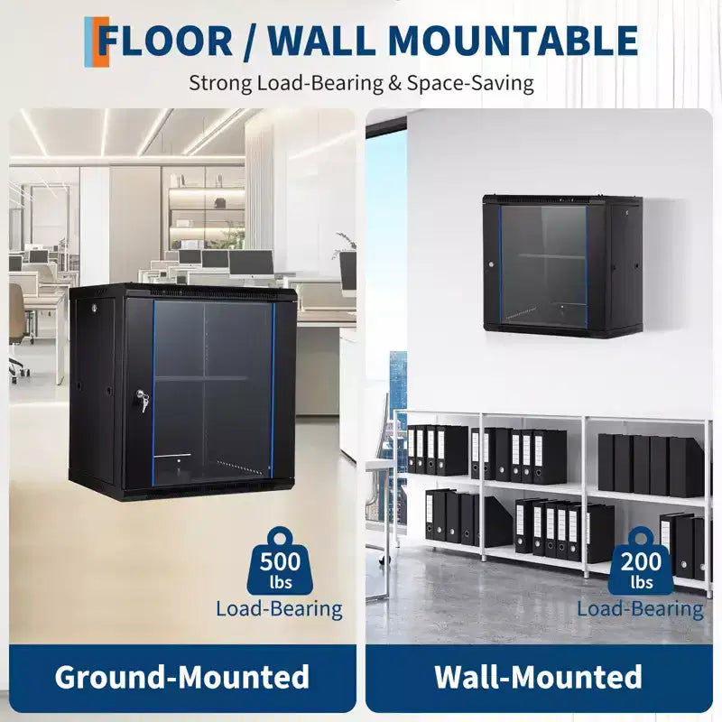 Wall Mount Network Cabinet with Glass Door - Steel Server Rack with Cooling Fan Holes & Lock for Router and WiFi Equipment