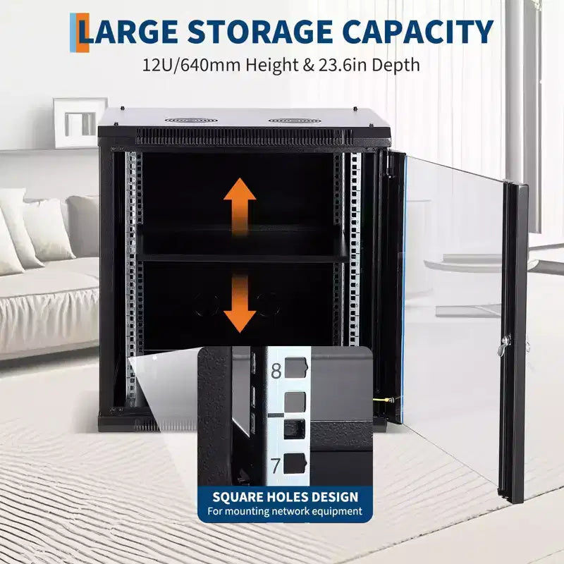 Wall Mount Network Cabinet with Glass Door - Steel Server Rack with Cooling Fan Holes & Lock for Router and WiFi Equipment