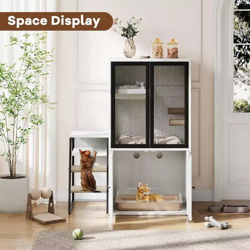 Litter Box Enclosure with Platform, Double Layer Cat Furniture with Hammock and Scratching Ladder