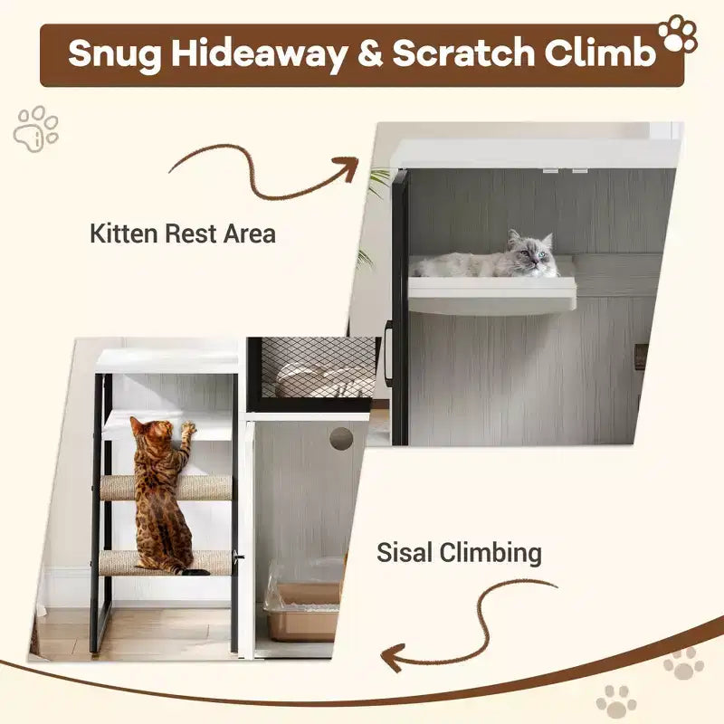Litter Box Enclosure with Platform, Double Layer Cat Furniture with Hammock and Scratching Ladder