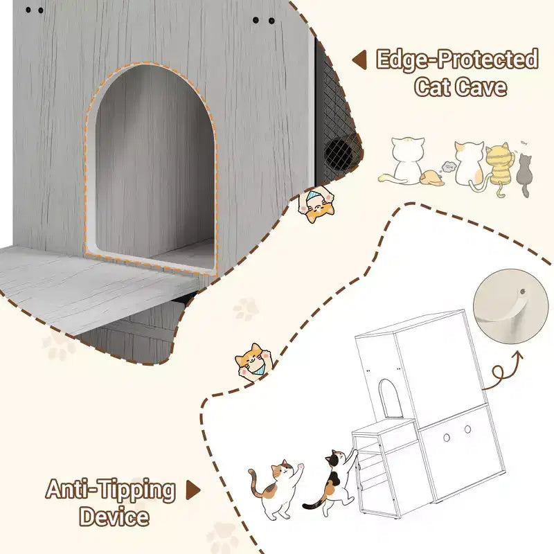 Litter Box Enclosure with Platform, Double Layer Cat Furniture with Hammock and Scratching Ladder
