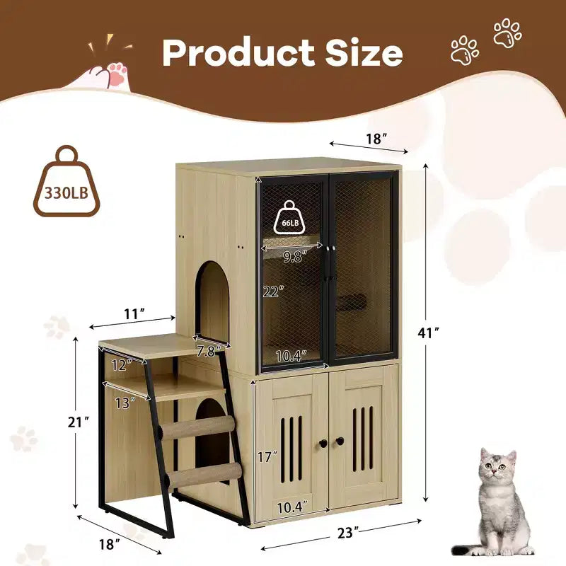 Litter Box Enclosure with Platform, Double Layer Cat Furniture with Hammock and Scratching Ladder