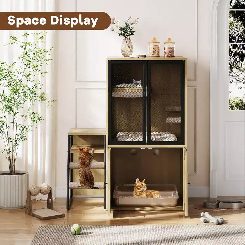Litter Box Enclosure with Platform, Double Layer Cat Furniture with Hammock and Scratching Ladder