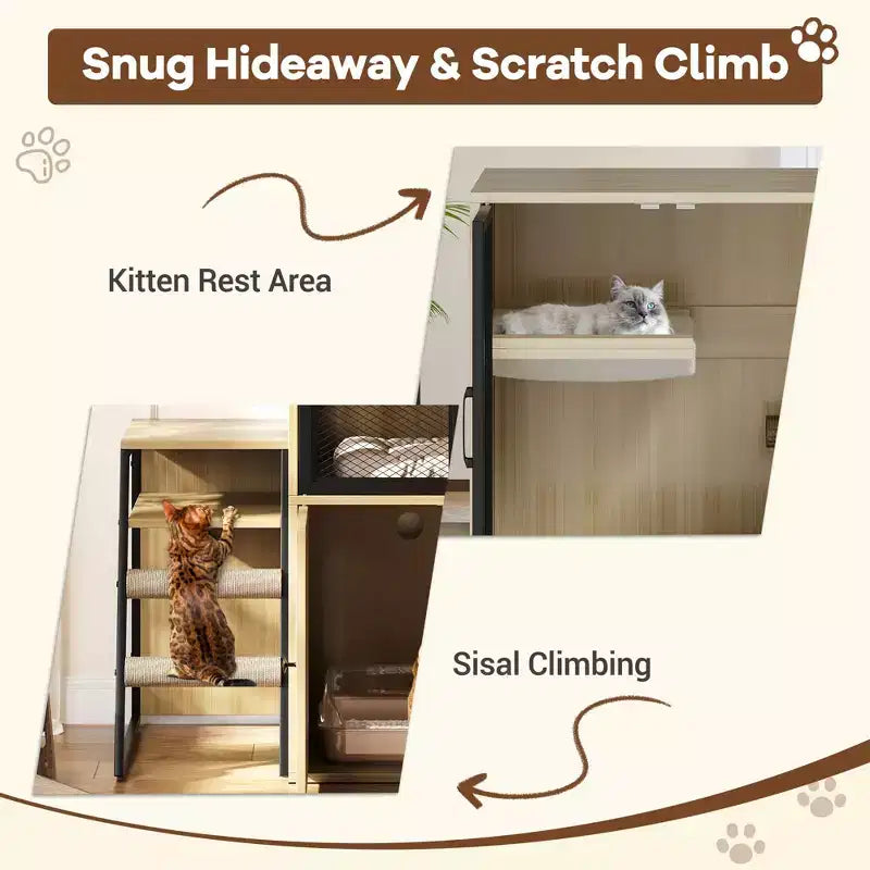 Litter Box Enclosure with Platform, Double Layer Cat Furniture with Hammock and Scratching Ladder