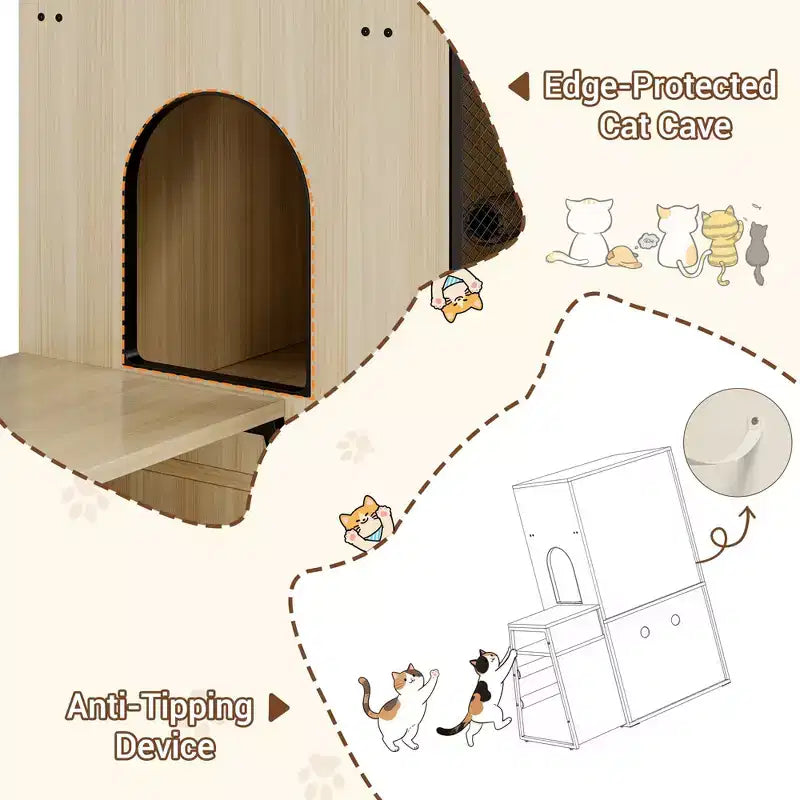 Litter Box Enclosure with Platform, Double Layer Cat Furniture with Hammock and Scratching Ladder