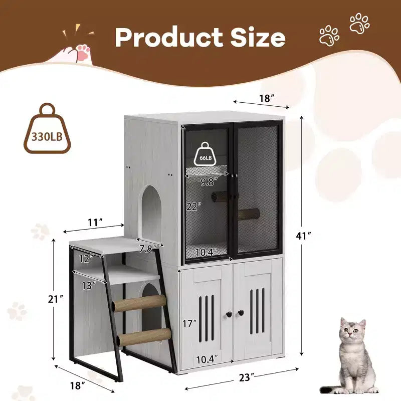 Litter Box Enclosure with Platform, Double Layer Cat Furniture with Hammock and Scratching Ladder