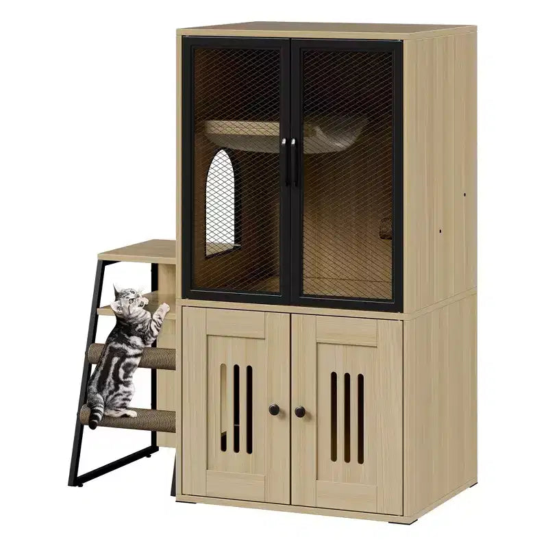 Litter Box Enclosure with Platform, Double Layer Cat Furniture with Hammock and Scratching Ladder