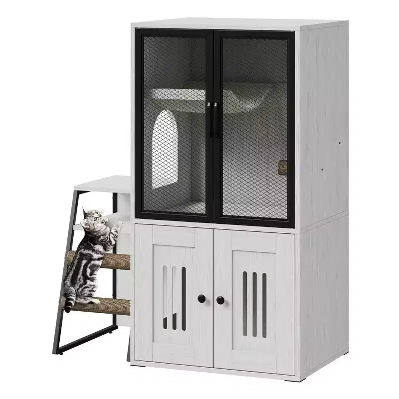 Litter Box Enclosure with Platform, Double Layer Cat Furniture with Hammock and Scratching Ladder