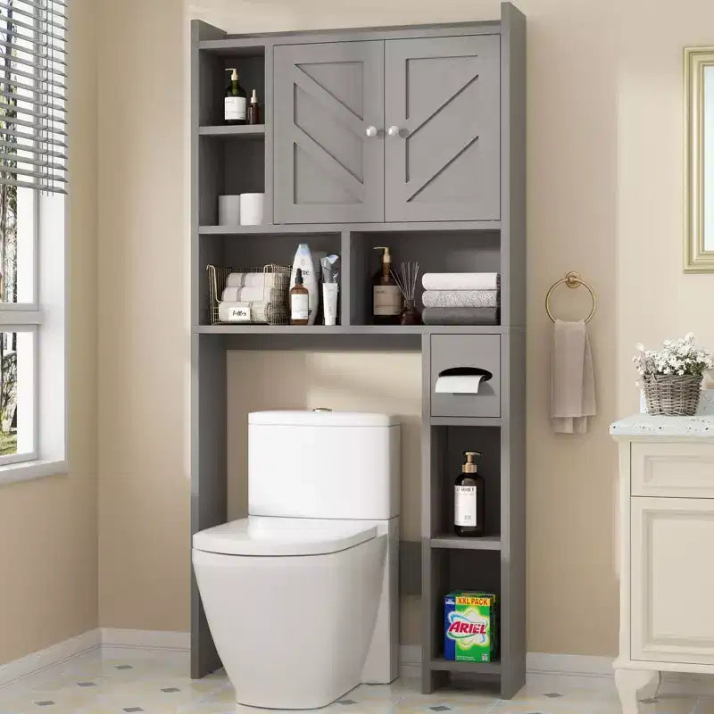 Celebalcony Over The Toilet Storage Cabinet with Barn Doors & Toilet Paper Holder for Bathroom Space Saver, Adjustable Shelf and Anti-Tip Device