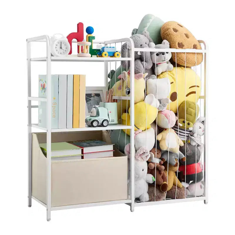 VEVOR Kids Bookshelf and Stuffed Animal Storage, Toy Storage Organizer, 2-Tier Book Shelf with Fabric Toy Chest, Toy Storage for Kids Room,White