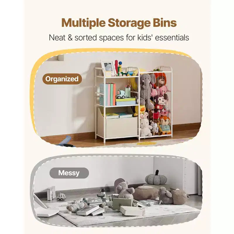VEVOR Kids Bookshelf and Stuffed Animal Storage, Toy Storage Organizer, 2-Tier Book Shelf with Fabric Toy Chest, Toy Storage for Kids Room,White