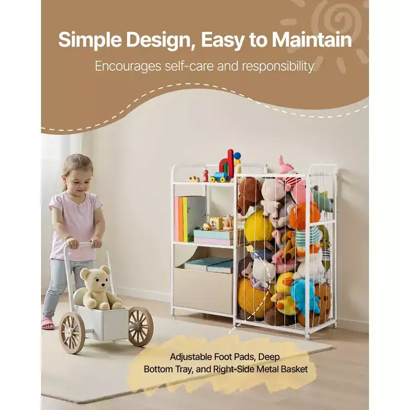 VEVOR Kids Bookshelf and Stuffed Animal Storage, Toy Storage Organizer, 2-Tier Book Shelf with Fabric Toy Chest, Toy Storage for Kids Room,White