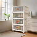 Plastic Stackable Storage Bins, 4Pcs Folding Storage Bins with Doors and Wheels, Closet Organizer and Home Storage Container Boxes for Bedroom, Dorm