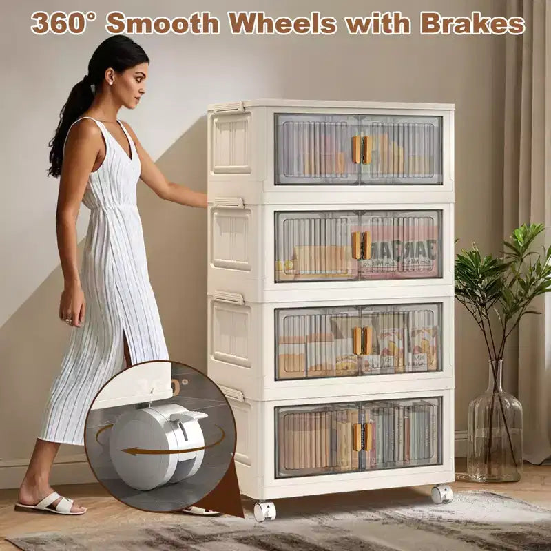 Plastic Stackable Storage Bins, 4Pcs Folding Storage Bins with Doors and Wheels, Closet Organizer and Home Storage Container Boxes for Bedroom, Dorm